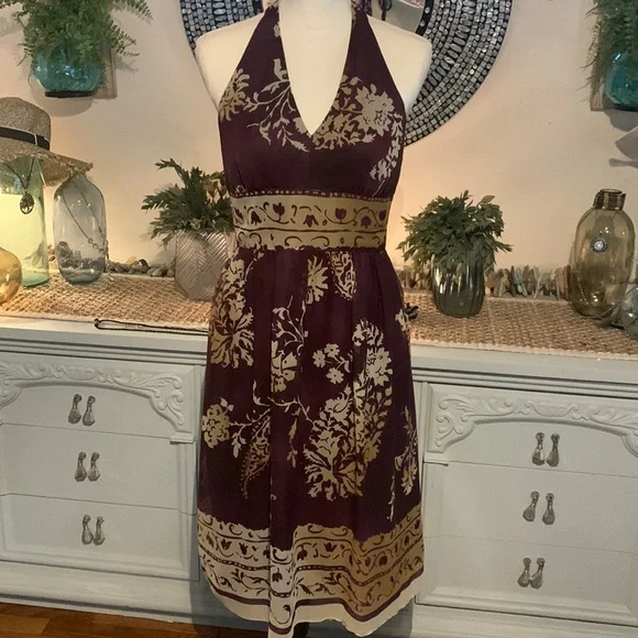 jones new york halter dress Jones New York 100% Silk Halter Dress 8 Blue White Abstract Floral Boho Beachy